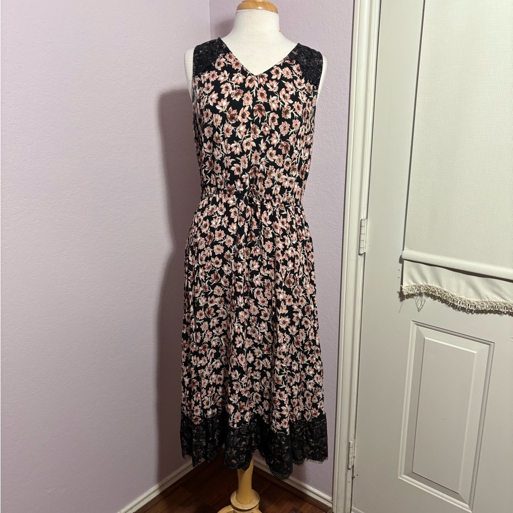 LOFT Black and Pink Print Sleeveless Midi Sundress Large